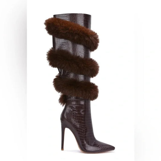Croc-Embossed Over-The-Knee Stiletto Boots with Detachable Fur Cuffs